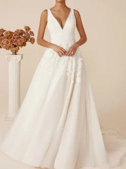 Ivory Simple Wedding Dress With Train V-Neck Sleeveless Backless Lace A-Line Bridal Gowns Free Customization