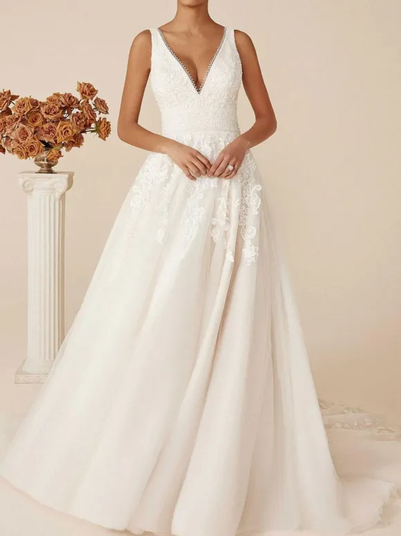 Ivory Simple Wedding Dress With Train V-Neck Sleeveless Backless Lace A-Line Bridal Gowns Free Customization