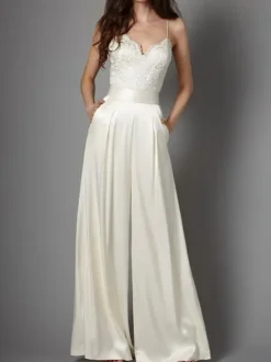 Ivory Simple Wedding Jumpsuit Satin Fabric Lace V-Neck Sleeveless Bridal Jumpsuits Free Customization