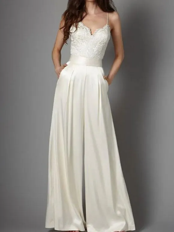 Ivory Simple Wedding Jumpsuit Satin Fabric Lace V-Neck Sleeveless Bridal Jumpsuits Free Customization