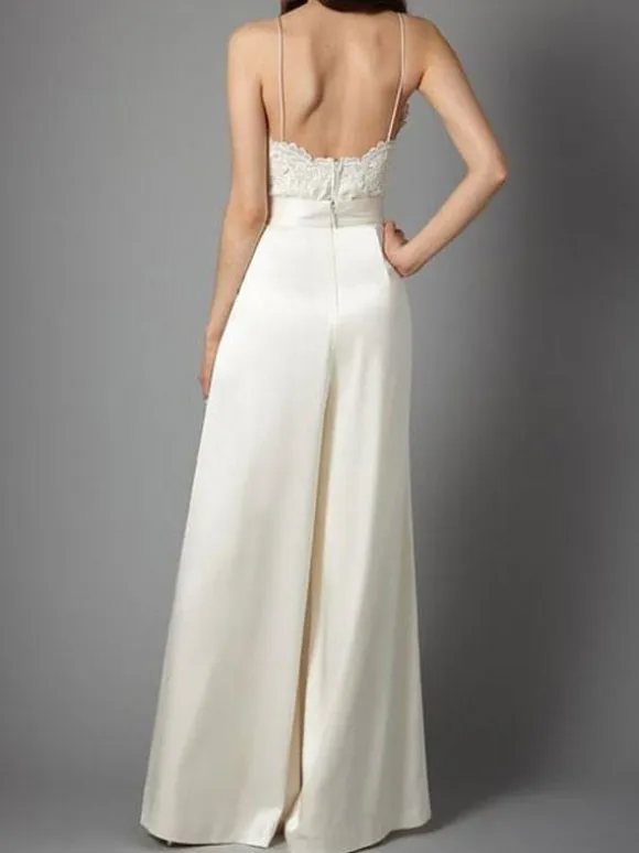 Ivory Simple Wedding Jumpsuit Satin Fabric Lace V-Neck Sleeveless Bridal Jumpsuits Free Customization