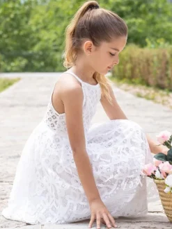 Ivory Sweet Sleeveless Lace Kids Social Party Flower Girl Dress