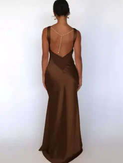 Ivory V Neck Satin Maxi Dress For Women Elegant Formal Style