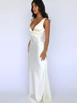 Ivory V Neck Satin Maxi Dress For Women Elegant Formal Style