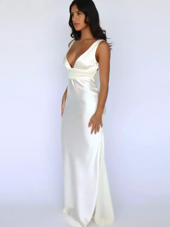 Ivory V Neck Satin Maxi Dress For Women Elegant Formal Style