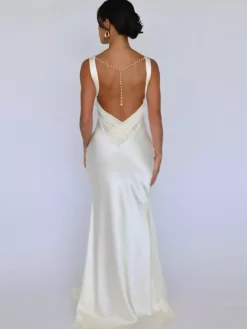 Ivory V Neck Satin Maxi Dress For Women Elegant Formal Style