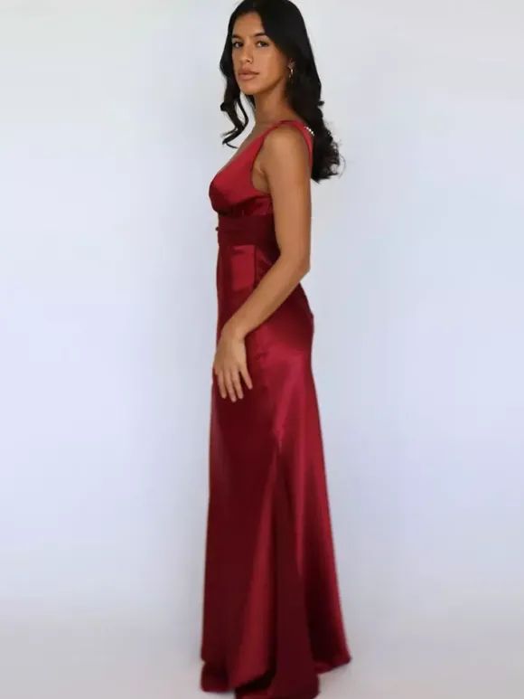 Ivory V Neck Satin Maxi Dress For Women Elegant Formal Style