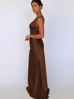 Ivory V Neck Satin Maxi Dress For Women Elegant Formal Style