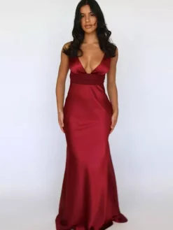 Ivory V Neck Satin Maxi Dress For Women Elegant Formal Style