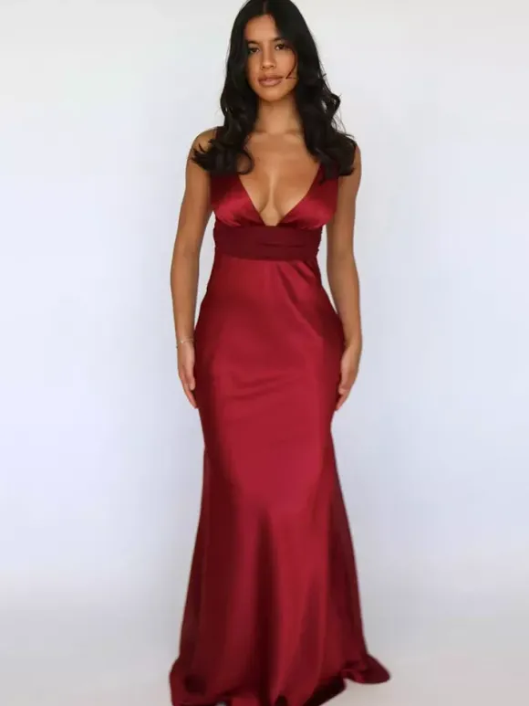 Ivory V Neck Satin Maxi Dress For Women Elegant Formal Style