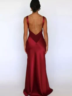 Ivory V Neck Satin Maxi Dress For Women Elegant Formal Style