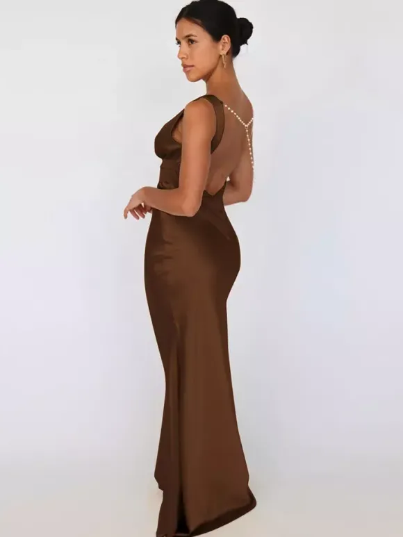 Ivory V Neck Satin Maxi Dress For Women Elegant Formal Style
