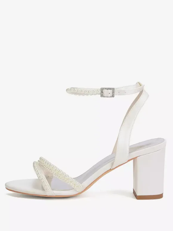 Ivory Wedding Shoes Chunky Heel Pearls Bridal Shoes