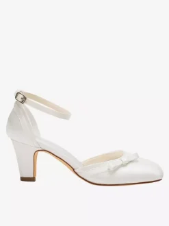 Ivory Wedding Shoes High Heel Round Ankle Strap Bow Bridal Shoes
