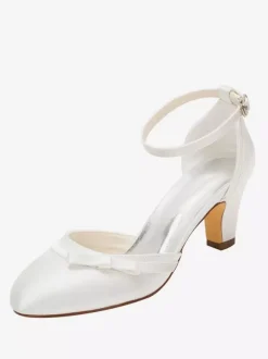 Ivory Wedding Shoes High Heel Round Ankle Strap Bow Bridal Shoes