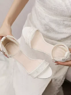 Ivory Wedding Shoes Lace Applique Open Toe Chunky Heel Bridal Shoes