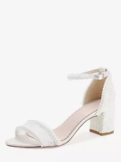 Ivory Wedding Shoes Lace Applique Open Toe Chunky Heel Bridal Shoes