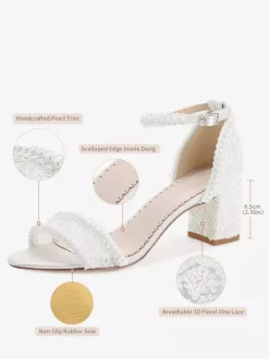Ivory Wedding Shoes Lace Applique Open Toe Chunky Heel Bridal Shoes
