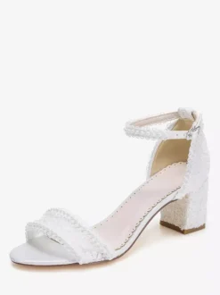 Ivory Wedding Shoes Lace Applique Open Toe Chunky Heel Bridal Shoes