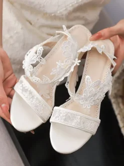 Ivory Wedding Shoes Lace Open Toe Chunky Heel Bridal Shoes