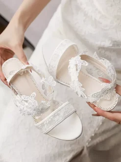 Ivory Wedding Shoes Lace Open Toe Chunky Heel Bridal Shoes