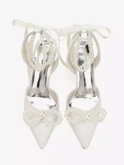 Ivory Wedding Shoes Satin Pointed Toe Peaerls Bow High Heel Bridal Party Shoes