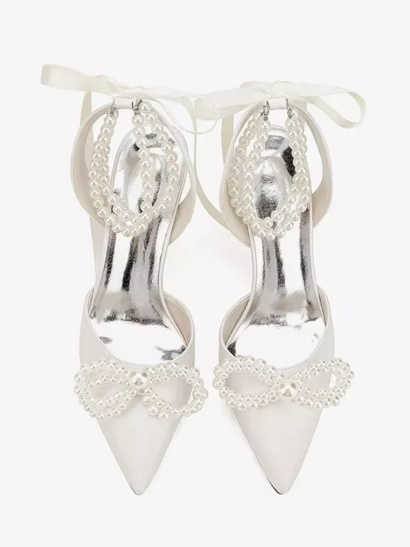 Ivory Wedding Shoes Satin Pointed Toe Peaerls Bow High Heel Bridal Party Shoes