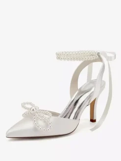 Ivory Wedding Shoes Satin Pointed Toe Peaerls Bow High Heel Bridal Party Shoes
