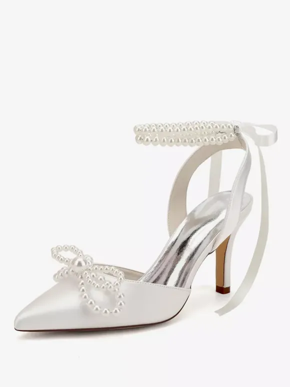 Ivory Wedding Shoes Satin Pointed Toe Peaerls Bow High Heel Bridal Party Shoes