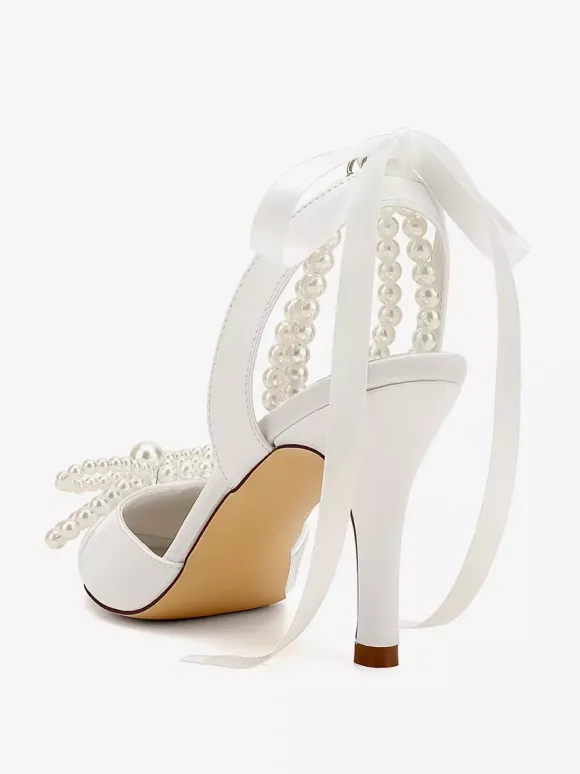 Ivory Wedding Shoes Satin Pointed Toe Peaerls Bow High Heel Bridal Party Shoes
