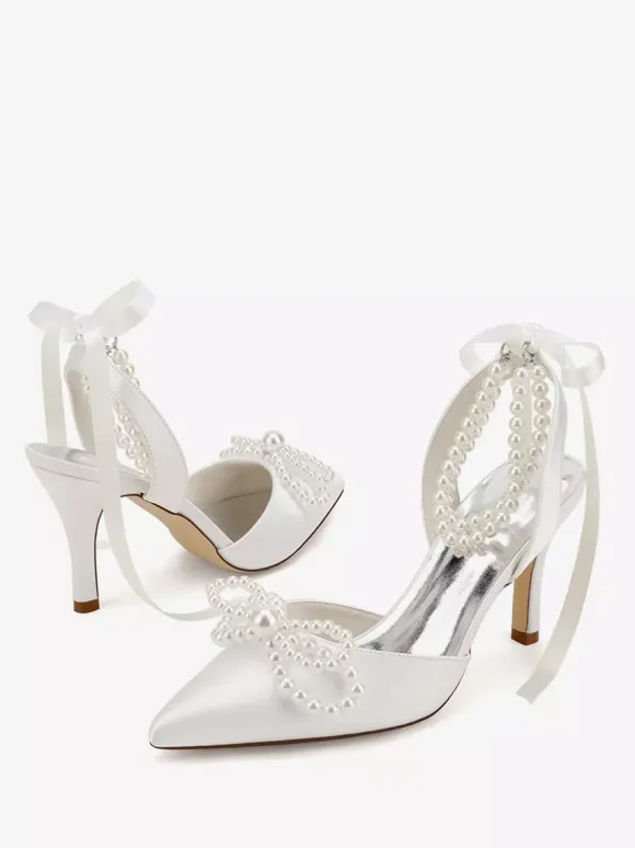 Ivory Wedding Shoes Satin Pointed Toe Peaerls Bow High Heel Bridal Party Shoes