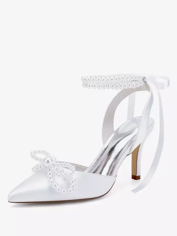 Ivory Wedding Shoes Satin Pointed Toe Peaerls Bow High Heel Bridal Party Shoes