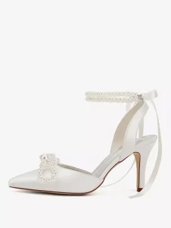 Ivory Wedding Shoes Satin Pointed Toe Peaerls Bow High Heel Bridal Party Shoes