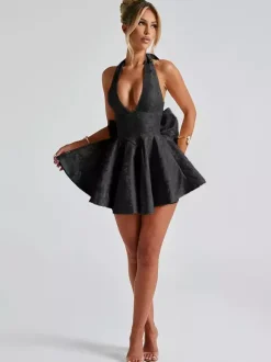 Jacquard Coquette Mini Dress For Women - Halter Neck Lace Up Big Bow Back Skater - Summer Birthday Party Outfits 2026