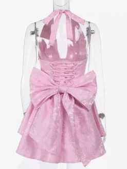 Jacquard Coquette Mini Dress For Women - Halter Neck Lace Up Big Bow Back Skater - Summer Birthday Party Outfits 2026
