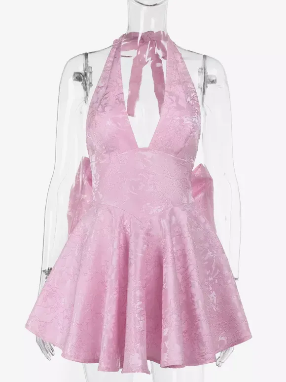 Jacquard Coquette Mini Dress For Women - Halter Neck Lace Up Big Bow Back Skater - Summer Birthday Party Outfits 2026
