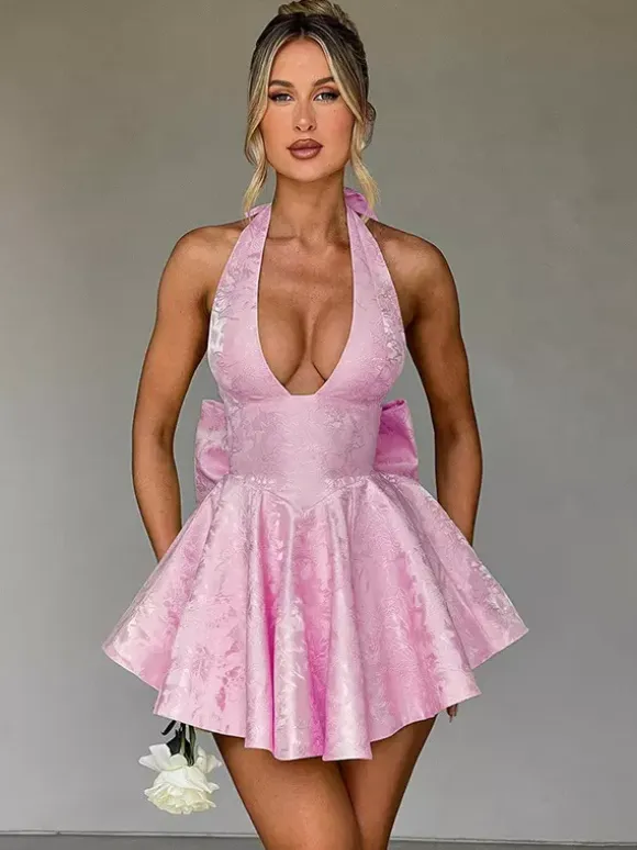Jacquard Coquette Mini Dress For Women - Halter Neck Lace Up Big Bow Back Skater - Summer Birthday Party Outfits 2026