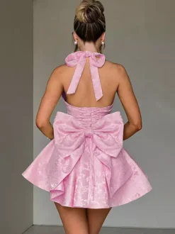 Jacquard Coquette Mini Dress For Women - Halter Neck Lace Up Big Bow Back Skater - Summer Birthday Party Outfits 2026