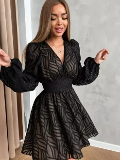 Jacquard Mini Dress With V-Neck And Long Sleeves For Summer 2026