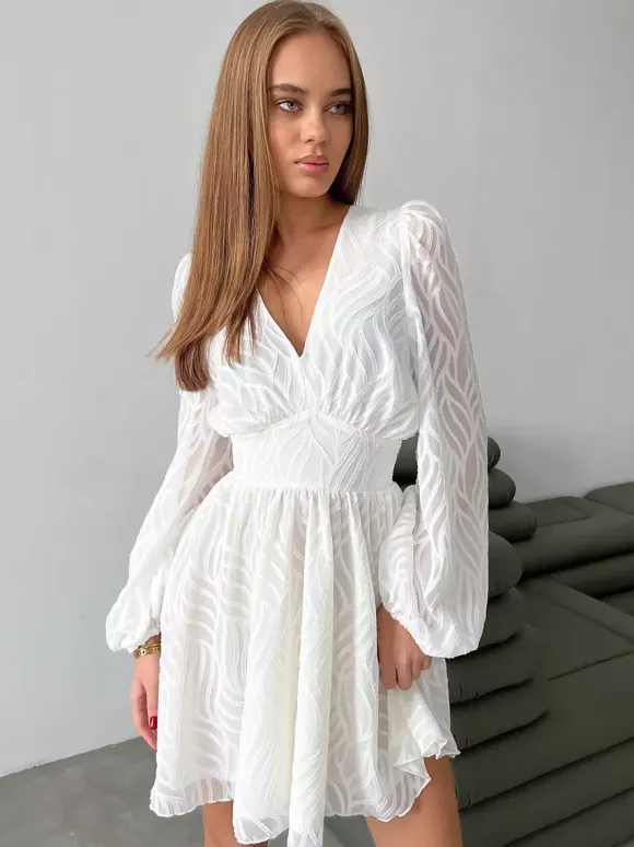 Jacquard Mini Dress With V-Neck And Long Sleeves For Summer 2026