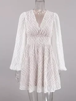 Jacquard Mini Dress With V-Neck And Long Sleeves For Summer 2026