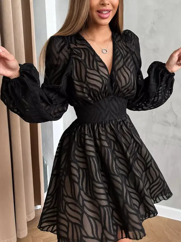 Jacquard Mini Dress With V-Neck And Long Sleeves For Summer 2026
