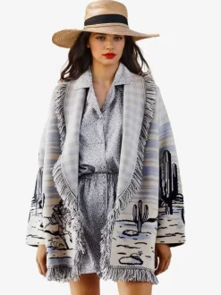 Jacquard Cardigans Tassel Trim Belted Nature Inspired Boho Sweater