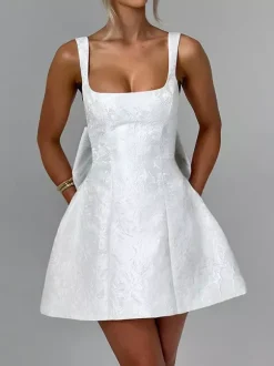 Jacquard Coquette Mini Dress For Women - Barbiecore Big Bow Back Sleeveless A Line - Summer Birthday Party Outfits 2026