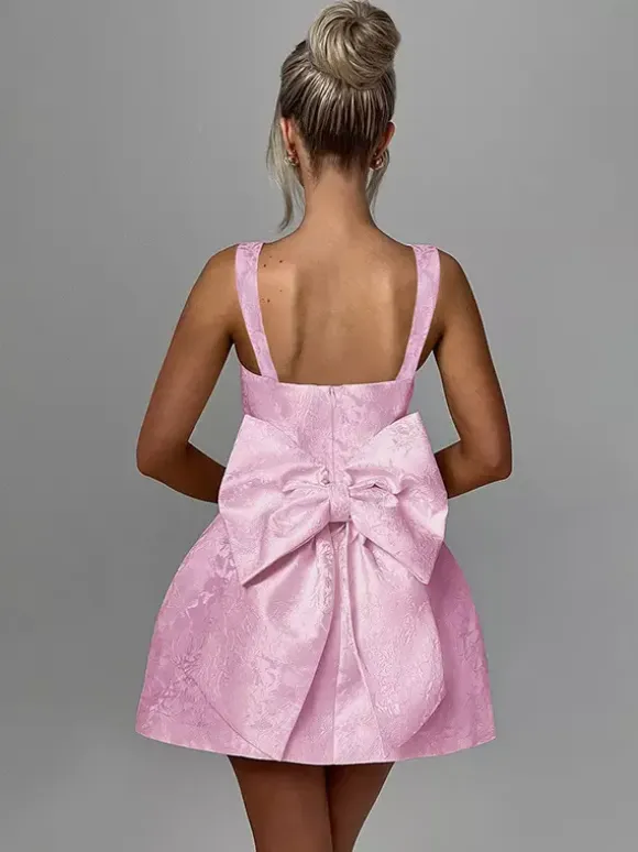 Jacquard Coquette Mini Dress For Women - Barbiecore Big Bow Back Sleeveless A Line - Summer Birthday Party Outfits 2026