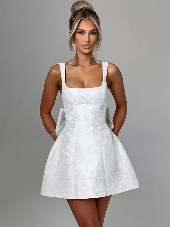 Jacquard Coquette Mini Dress For Women - Barbiecore Big Bow Back Sleeveless A Line - Summer Birthday Party Outfits 2026
