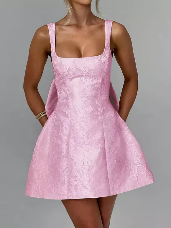 Jacquard Coquette Mini Dress For Women - Barbiecore Big Bow Back Sleeveless A Line - Summer Birthday Party Outfits 2026
