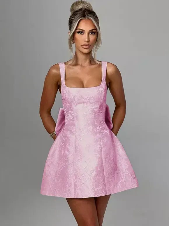 Jacquard Coquette Mini Dress For Women - Barbiecore Big Bow Back Sleeveless A Line - Summer Birthday Party Outfits 2026
