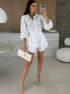 Jacquard Two Piece Co-ord Set Long Sleeve Shirt And Layered Shorts 2026