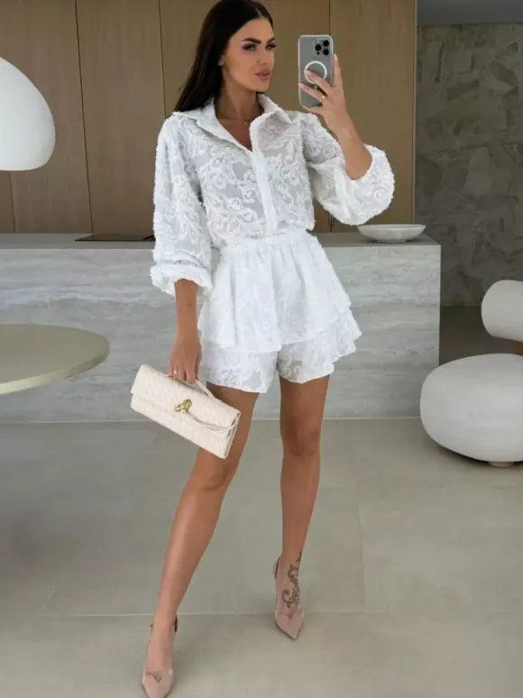Jacquard Two Piece Co-ord Set Long Sleeve Shirt And Layered Shorts 2026